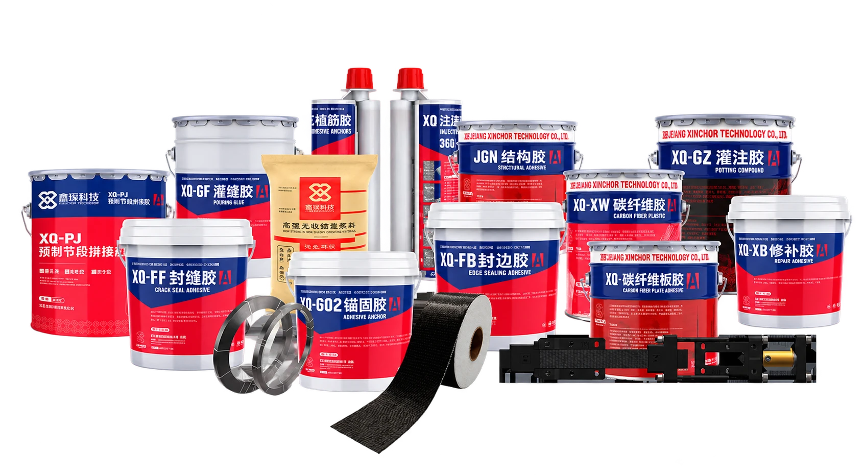 XINCHOR product range — carbon fiber fabric, epoxy adhesive, repair mortar